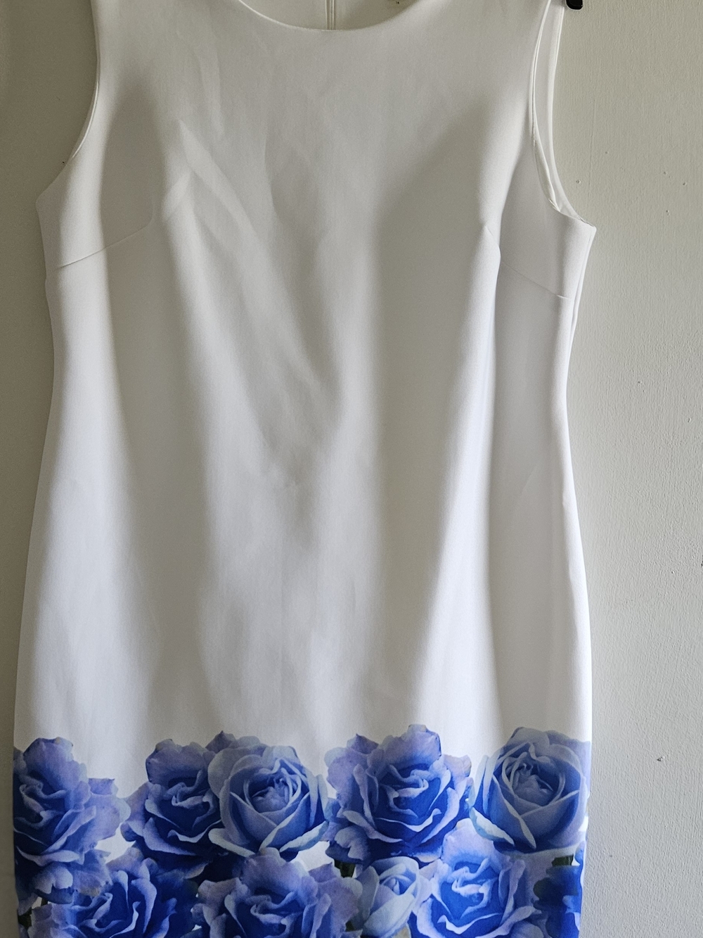 Calvin Klein White Sleeveless Mini Dress with Blue Rose Hem